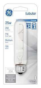 GE 45513 Display Bulb, 25 W, T10 Lamp, E26 Medium Lamp Base, 250 Lumens, 2500 K Color Temp, Frosted Light