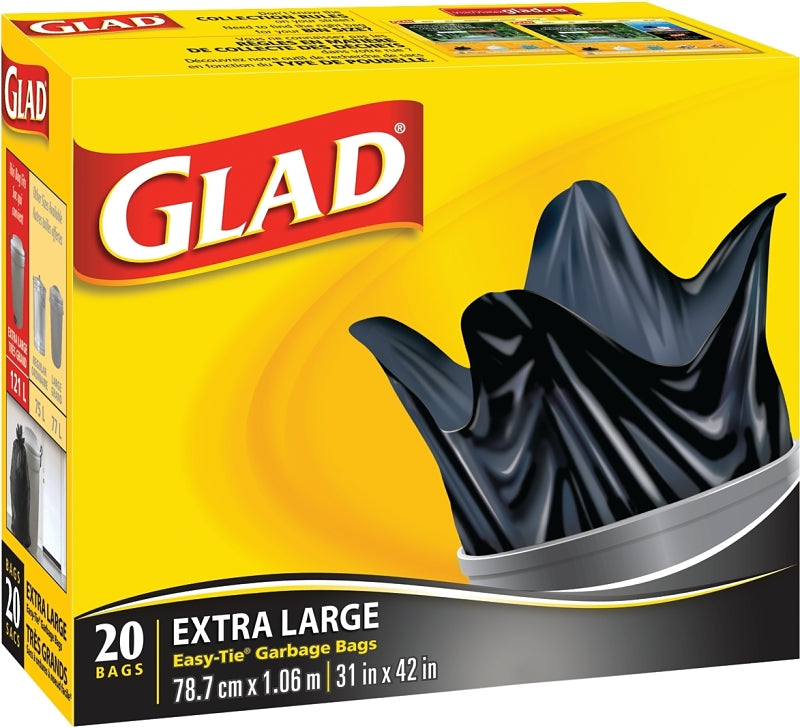 Glad Easy-Tie 30200 Garbage Bag, XL, Plastic, Black