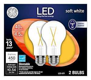 GE 37669 LED Bulb, General Purpose, A19 Lamp, 40 W Equivalent, E26 Lamp Base, Dimmable, Soft White Light