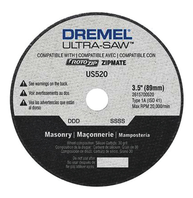 Dremel US520-01 Masonry Cutting Wheel, 3-1/2 in Dia, 0.094 in Thick, 7/16 in Arbor, 30 Grit, Silicone Carbide Abrasive