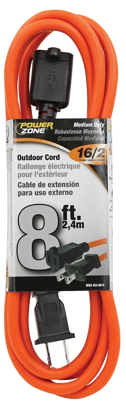 PowerZone OR481608 Outdoor Extension Cord, 16 AWG Wire, 8 ft L, Orange Sheath