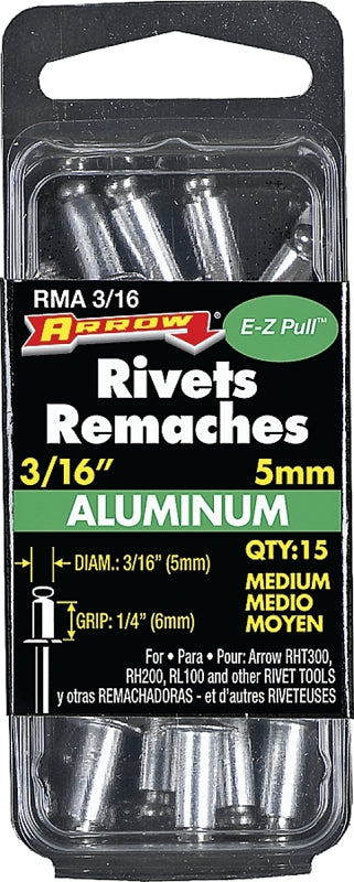 Arrow RMA3/16 Pop Rivet, Medium, 1/4 in L, Aluminum, 15/PK