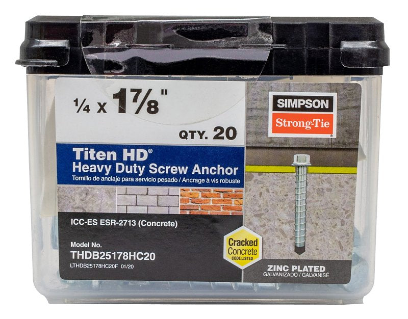 Simpson Strong-Tie Titen HD THDB25178HC20 Heavy-Duty Screw Anchor, 1/4 in Dia, 1-7/8 in L, Carbon Steel, Zinc Plated