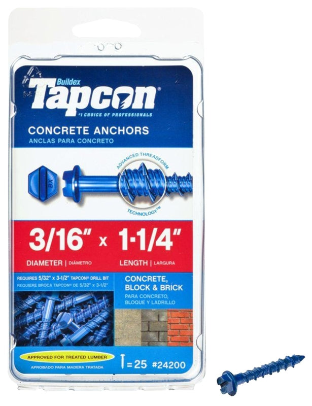 Tapcon 24200 Concrete Screw Anchor, 3/16 in Dia, 1-1/4 in L, Steel, Climaseal