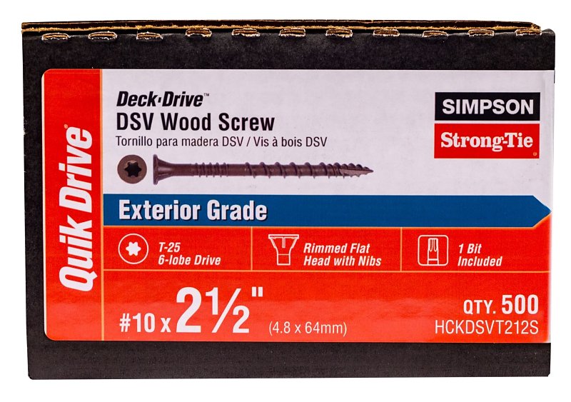 Simpson Strong-Tie Deck-Drive DSV HCKDSVT212S Screw, #10 Thread, 2-1/2 in L, Ribbed Flat Head, T25 Drive, Steel