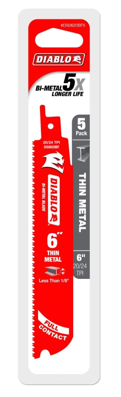 Diablo DS0620BF5 Reciprocating Saw Blade, 6 in L, 20/24 TPI, 5/PK