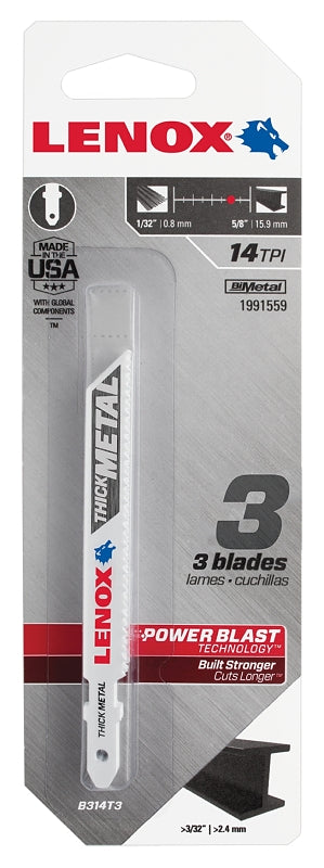 Lenox 1991559 Jig Saw Blade, 3/8 in W, 3-5/8 in L, 14 TPI, 3/PK