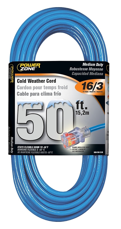 PowerZone ORCW511630 Extension Cord, 16 AWG Cable, 5-15P Grounded Plug, 5-15R Grounded Receptacle, 50 ft L, 125 V