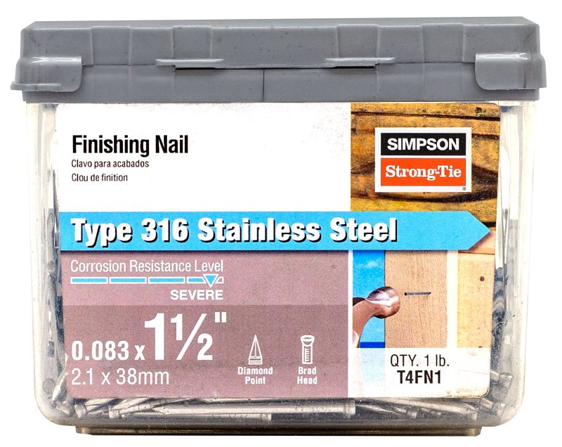 Simpson Strong-Tie T4FN1 Finishing Nail, 4D, 1-1/2 in L, 14 ga Gauge, Stainless Steel, Brad Head, Smooth Shank