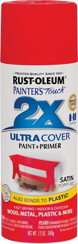 Rust-Oleum Painter's Touch 2X Ultra Cover 334084 Spray Paint, Satin, Poppy Red, 12 oz, Aerosol Can