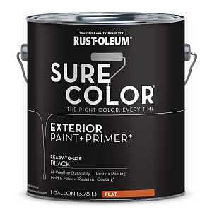 Rust-Oleum Sure Color 394669 Exterior Paint and Primer, Water, Flat, Black, 1 gal Can, 400 sq-ft/gal Coverage Area