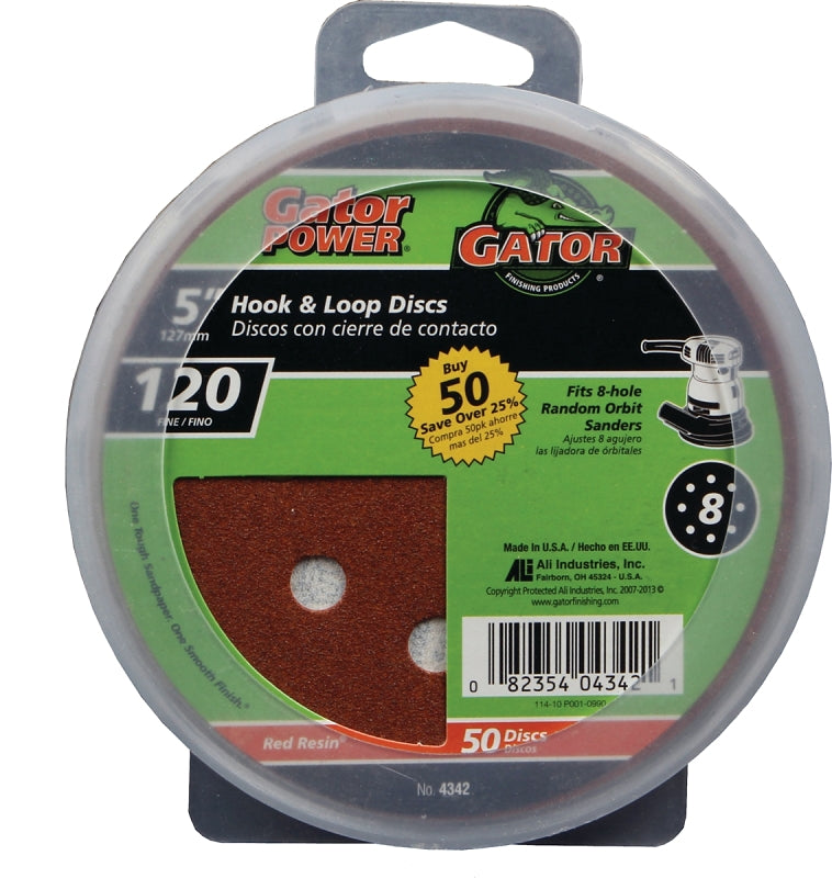 Gator 4342 Sanding Disc, 5 in Dia, 120 Grit, Fine, Aluminum Oxide Abrasive, Vented