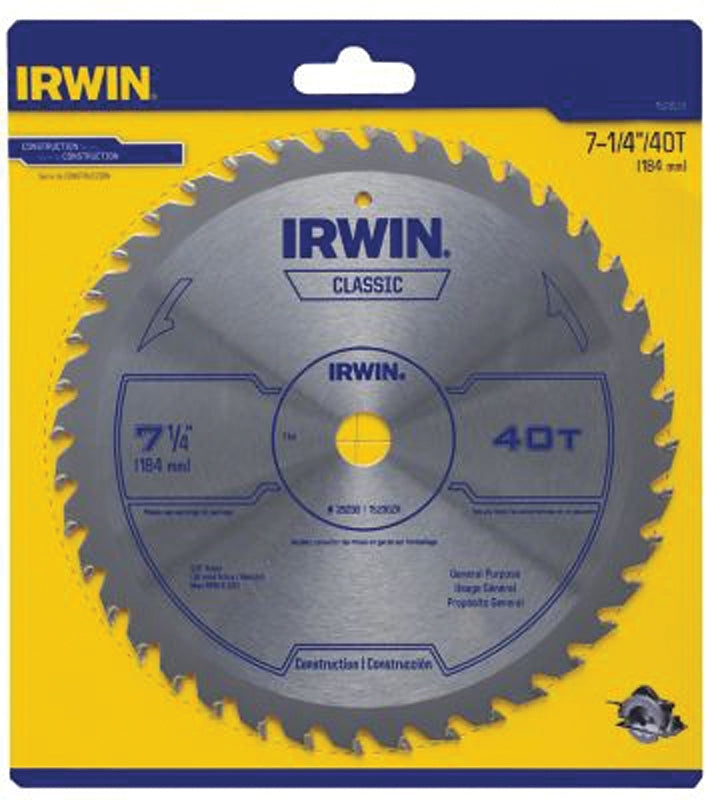 Irwin 15230ZR Circular Saw Blade, 7-1/4 in Dia, 5/8 in Arbor, 40-Teeth, Carbide Cutting Edge