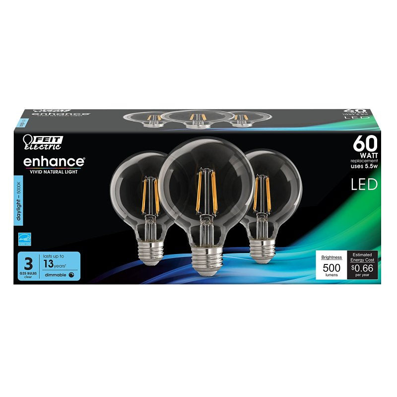 Feit Electric G2560/950CA/FIL/3/RP LED Bulb, Globe, G25 Lamp, 60 W Equivalent, E26 Lamp Base, Dimmable, Clear