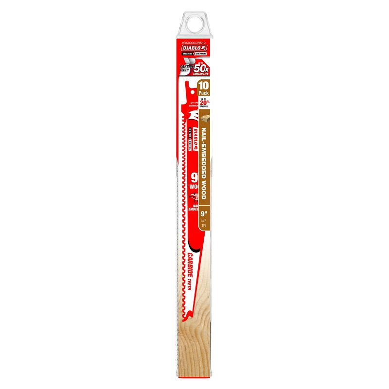 Diablo Demo Demon DS0906CWS10 Reciprocating Saw Blade, 1 in W, 9 in L, 5, 7 TPI, Carbide Cutting Edge, 10/PK