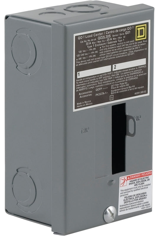 Square D QO QO2L30SCP Load Center, 30 A, 2 -Space, 2 -Circuit, Main Lug, NEMA 1 Enclosure, Plug Mounting, Gray