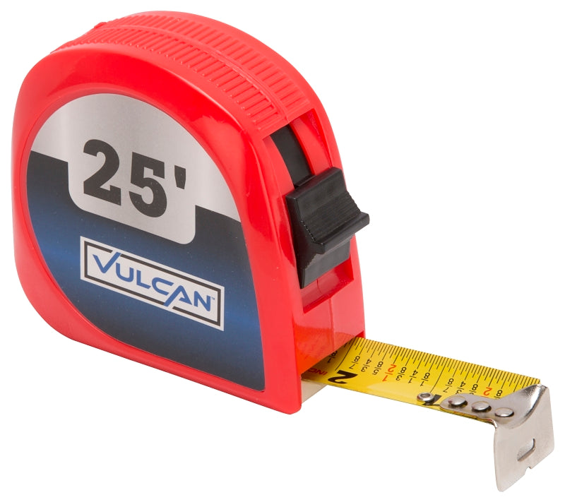 Vulcan 62-7.5X25-R Rule Tape, 25 ft L Blade, 1 in W Blade, Steel Blade, ABS Plastic Case, Red Case