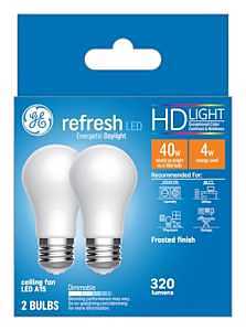 GE Refresh Series 31375 Replacement LED Light Bulb, A15 Lamp, 40 W Equivalent, E26 Medium Lamp Base, Dimmable, White