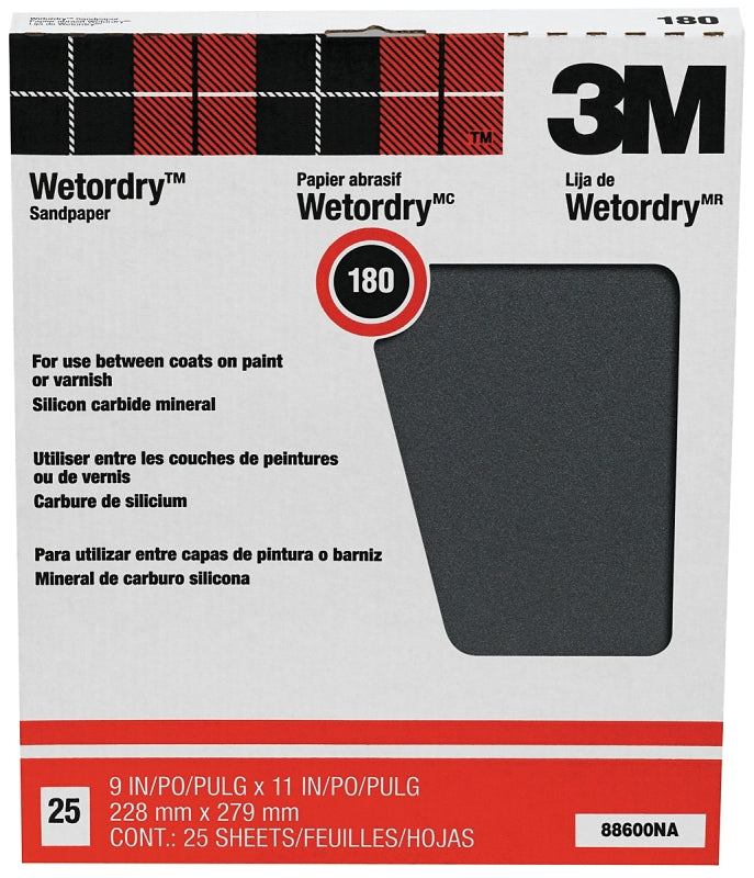 3M 88600 Sandpaper, 11 in L, 9 in W, 180 Grit, Fine, Silicone Carbide Abrasive