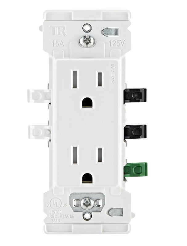 Decora M02-E5325-0MW Grounding Duplex Outlet, 2-Pole, 15 A, 125 VAC, Color-Coded Wiring, NEMA: NEMA 5-15R, White