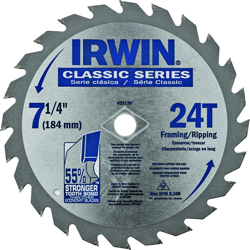 Irwin 25130 Circular Saw Blade, 7-1/4 in Dia, 5/8 in Arbor, 24-Teeth, Carbide Cutting Edge, Applicable Materials: Wood