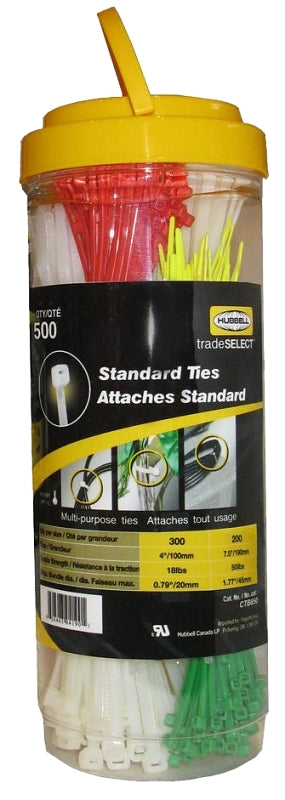 Tradeselect CTB500 Cable Tie Canister, 0.79, 1.77 in Max Bundle Dia, Nylon, Green/Natural/Red/Yellow