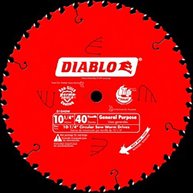 Diablo D1040W Circular Saw Blade, 10-1/4 in Dia, 5/8 in Arbor, 40-Teeth, Carbide Cutting Edge