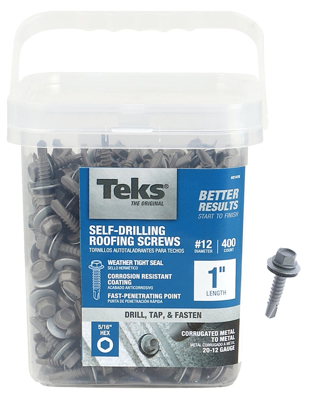 Teks 21418 Roofing Screw, #12 Thread, Coarse Thread, Hex Drive, Self-Drilling, Self-Tapping Point, Steel, Zinc, 400 PAIL