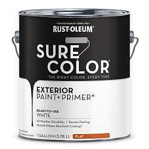 Rust-Oleum Sure Color 394670 Exterior Paint and Primer, Water, Flat, White, 1 gal Can, 400 sq-ft/gal Coverage Area