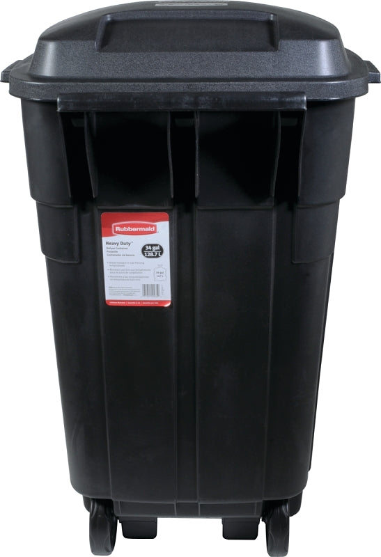 Rubbermaid Roughneck FG289804BLA Wheeled Trash Can, 34 gal Capacity, Resin, Black, Detached Lid Closure