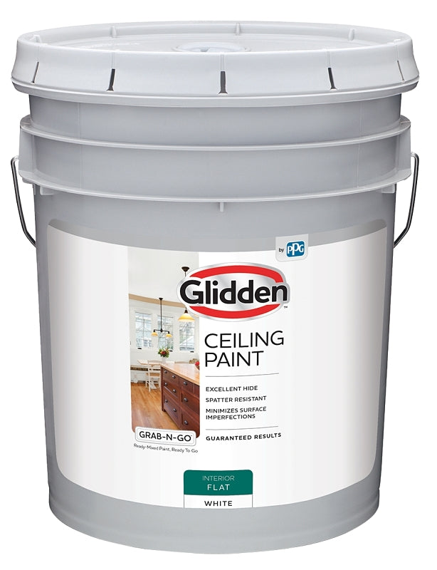 Glidden Grab-N-Go 2070T/05 Ceiling Paint, Flat, White, 5 gal, Resists: Alkali, Chemical, Spatter, Latex Base