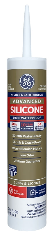 GE Advanced Silicone 2 2812562 Kitchen & Bath Sealant, Clear, 24 hr Curing, 10.1 fl-oz Cartridge