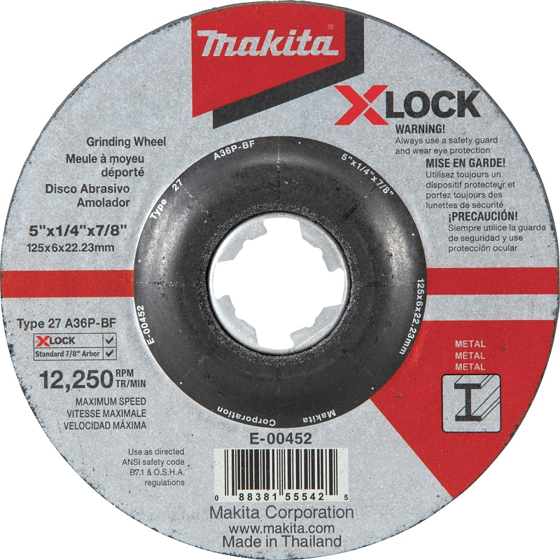 Makita X-LOCK E-00452 Grinding Wheel, 5 in Dia, 1/4 in Thick, 7/8 in Arbor, 36 Grit, Coarse