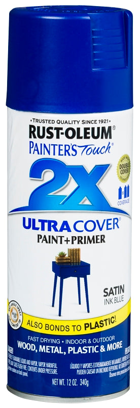 Rust-Oleum Painter's Touch 2X Ultra Cover 334093 Spray Paint, Satin, Ink Blue, 12 oz, Aerosol Can