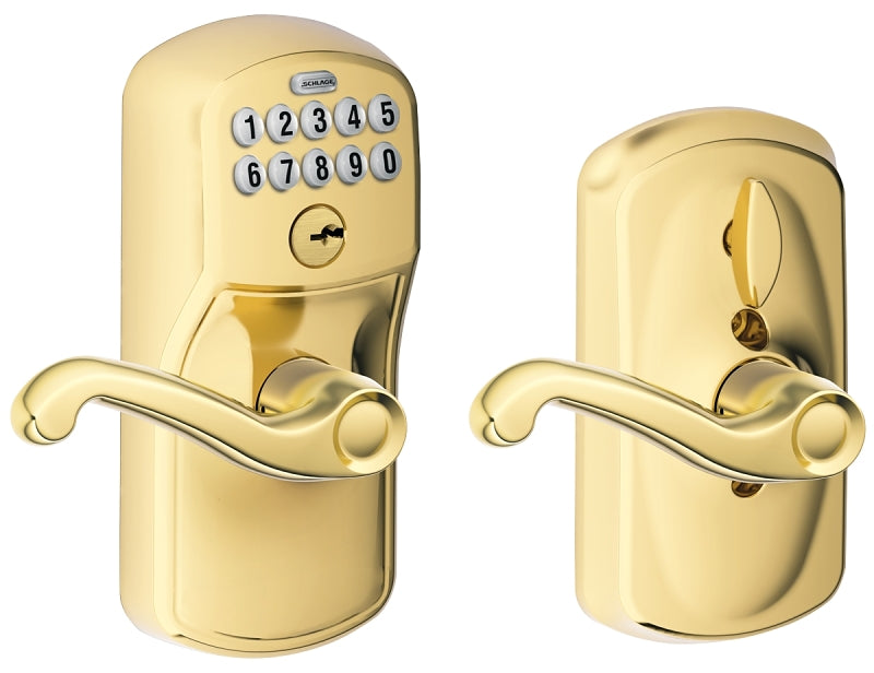 Schlage FE Series FE595 PLY 505 FLA Electronic Entry Lock, Wave Design, Bright Brass, Residential, 2 Grade, Metal