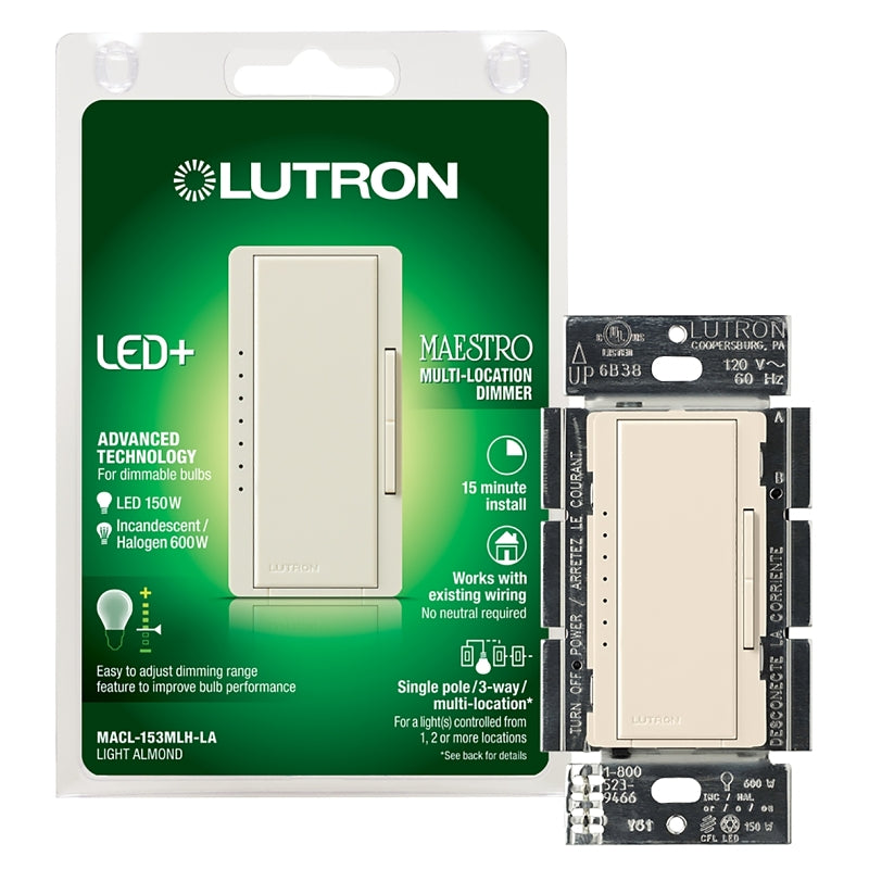 Lutron Maestro MACL-153MLH-LA C.L Dimmer, 1.25 A, 120 V, 150 W, CFL, Halogen, Incandescent, LED Lamp, 3-Way, Almond