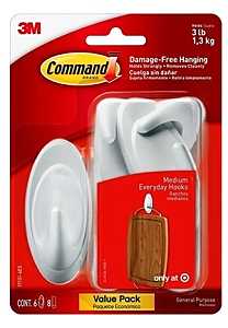 Command 17131-6ES Medium Hook, 3 lb, 1-Hook, Plastic, White