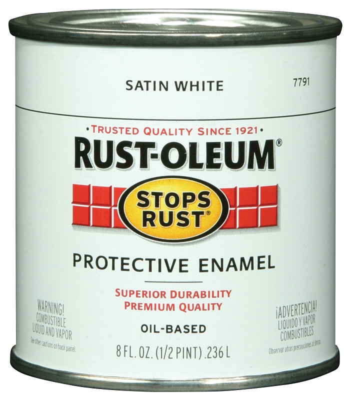 Rust-Oleum Stops Rust 7791730 Enamel Paint, Oil, Satin, White, 0.5 pt, Can