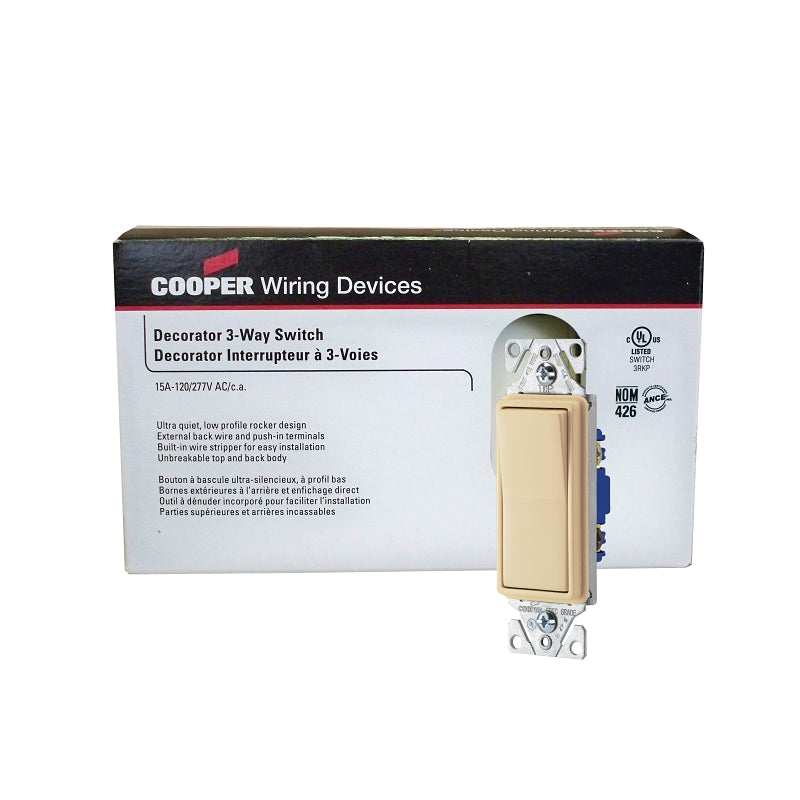 Eaton Wiring Devices 7500 7503V-JP-C Rocker Switch, 15 A, 120/277 V, 3-Way, Lead Wire Terminal, Ivory