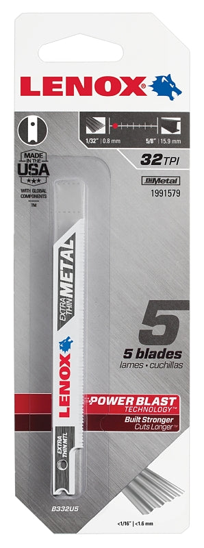 Lenox 1991579 Jig Saw Blade, 3/8 in W, 3-5/8 in L, 32 TPI, 5/PK