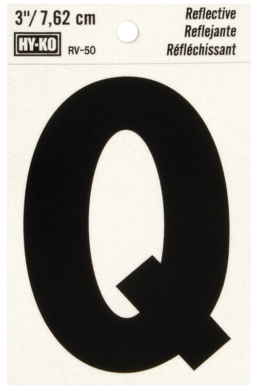 Hy-Ko RV-50/Q Reflective Letter, Character: Q, 3 in H Character, Black Character, Silver Background, Vinyl