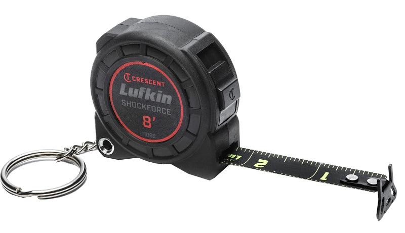 Crescent Lufkin Shockforce Nite Eye Series L1108B Keychain Tape Measure, 8 ft L Blade, 1/2 in W Blade, Nylon Blade