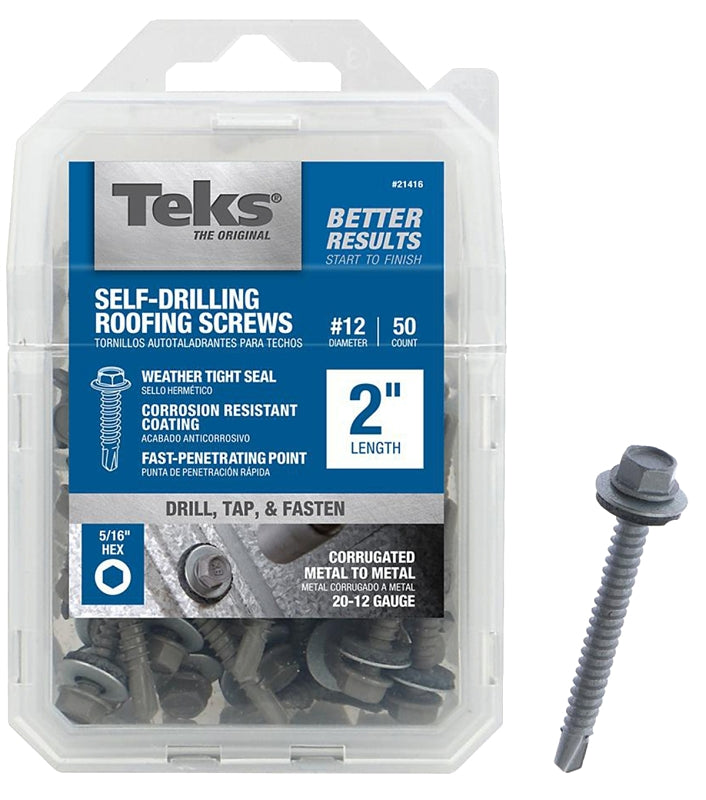 Teks 21416 Roofing Screw, #12 Thread, Coarse Thread, Hex Drive, Self-Drilling Point, Steel, Zinc, 50 PK