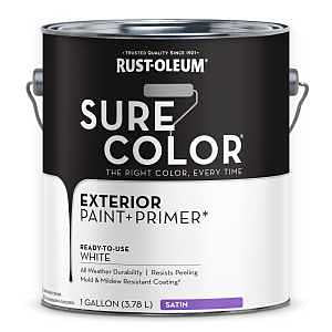 Rust-Oleum Sure Color 394678 Exterior Paint and Primer, Water, Satin, White, 1 gal Can, 400 sq-ft/gal Coverage Area