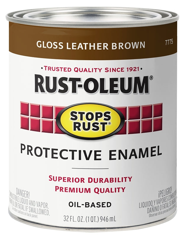 Rust-Oleum Stops Rust 7775502 Enamel Paint, Oil, Gloss, Leather Brown, 1 qt, Can, 50 to 90 sq-ft/qt Coverage Area