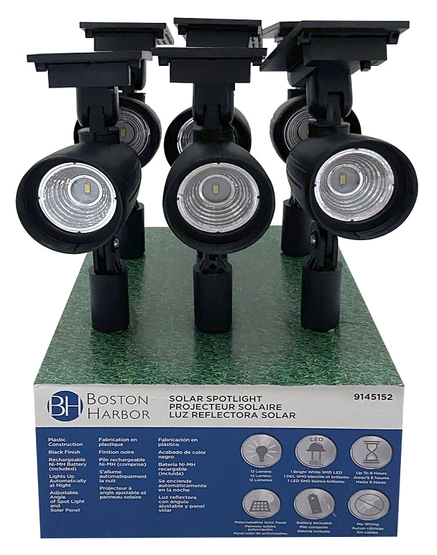 Boston Harbor Solar Spotlight, Ni-Mh Battery, AA Battery, 1-Lamp, Plastic Fixture, Black, Battery Included: Yes