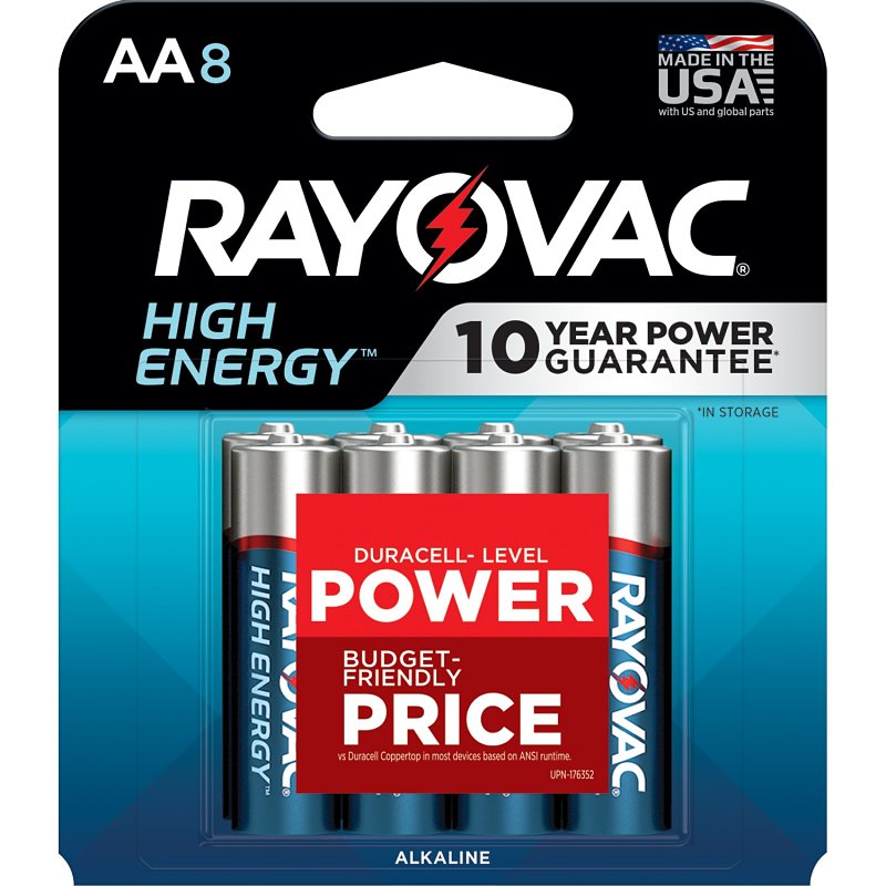 Rayovac 815-8J Battery, 1.5 V Battery, AA Battery, Alkaline, 8/PK