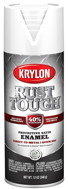 Krylon Rust Tough K09268008 Enamel Spray Paint, Satin, White, 12 oz, Can