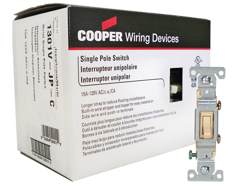 Eaton Wiring Devices 1301V-JP-C Series Toggle Switch, 1 Poles, Ivory, 15 A, 120 V, Polycarbonate Housing Material