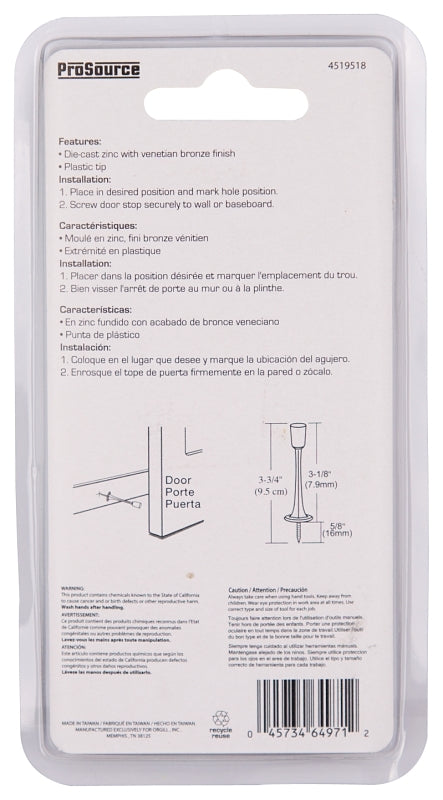 Prosource H20-Z029C-VB-PS Heavy-Duty Rigid Door Stop, 15/16 in Dia Base, 3-1/8 in Projection, Die-Cast Zinc & Plastic